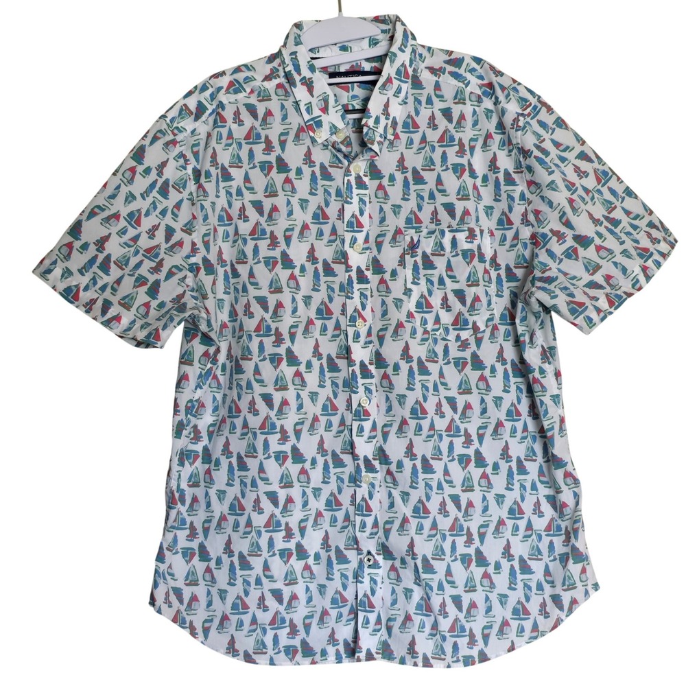Nautica Mens Short Sleeve Button Down‎ Sailboat Print Shirt White XL W3508T